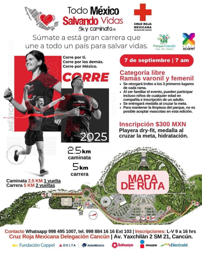 6° Carrera Todo México Salvando Vidas de la Cruz Roja Mexicana, Delegación Cancún este 7 de septiembre.