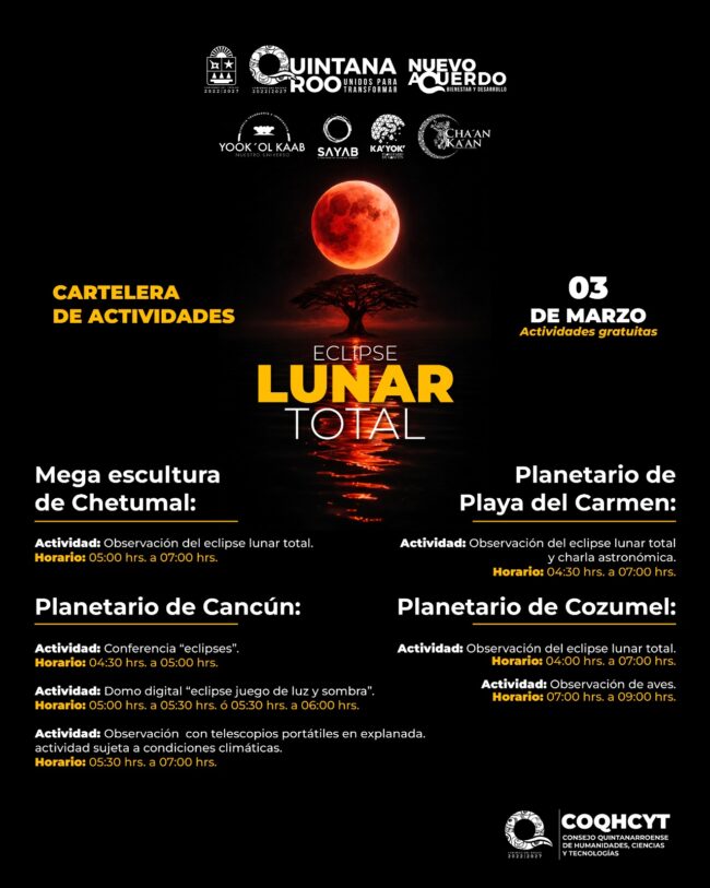 Eclipse lunar total en Quintana Roo con COQHCYT y Planetarios del Estado. Vive ciencia, telescopios y experiencias inmersivas.