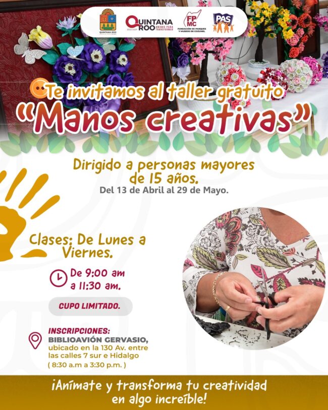 Taller gratuito Manos Creativas, FPMC, BiblioAvión Gervasio, Cozumel