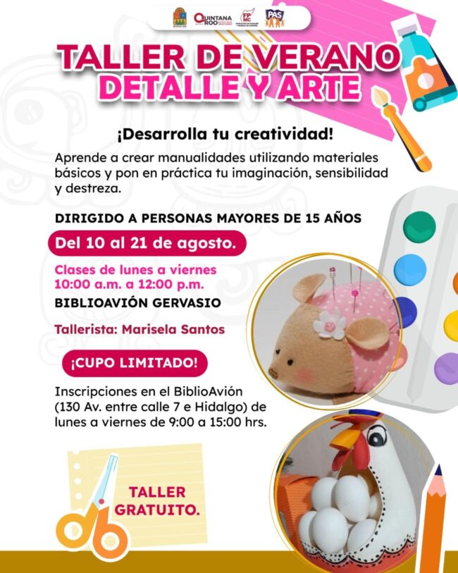Taller gratuito arte Cozumel para jóvenes y adultos. Inscríbete en el BiblioAvión Gervasio y desarrolla tu creatividad con la FPMC.