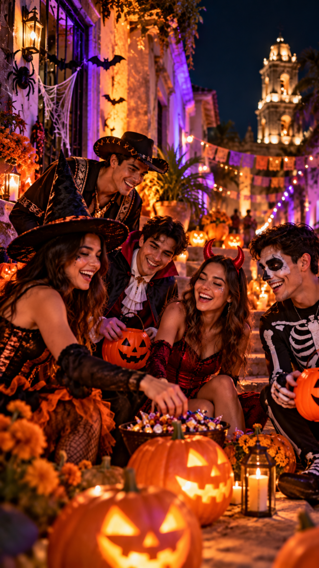 Halloween en México con jóvenes celebrando y disfrazándose Cancún