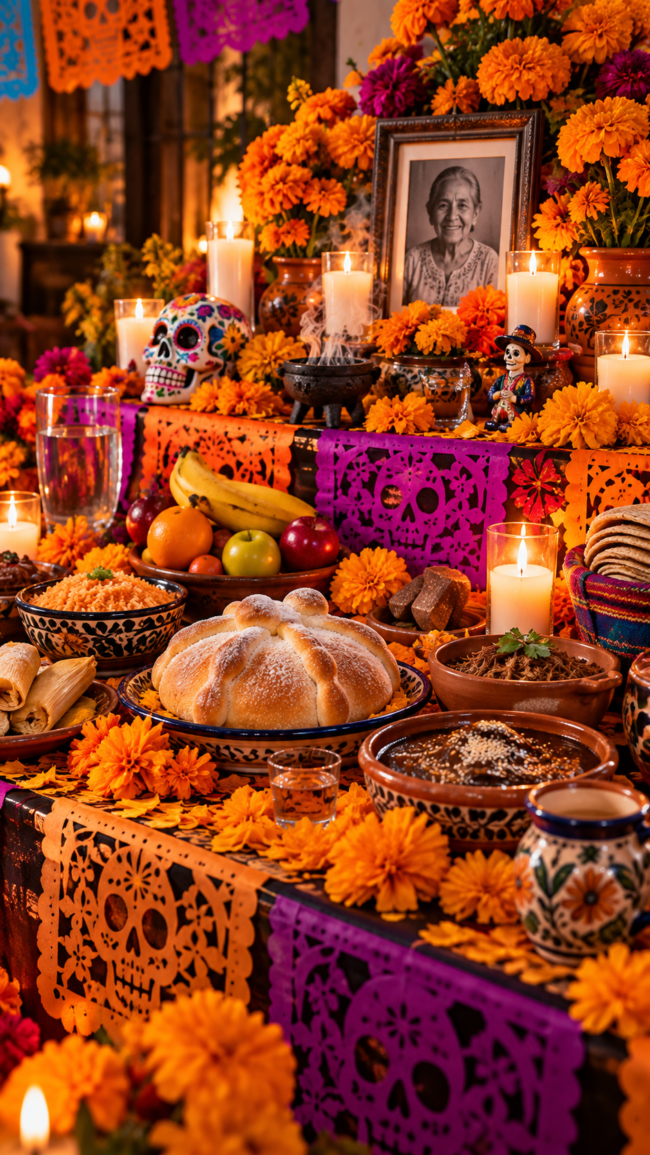 Comida tradicional en altar de muertos mexicano