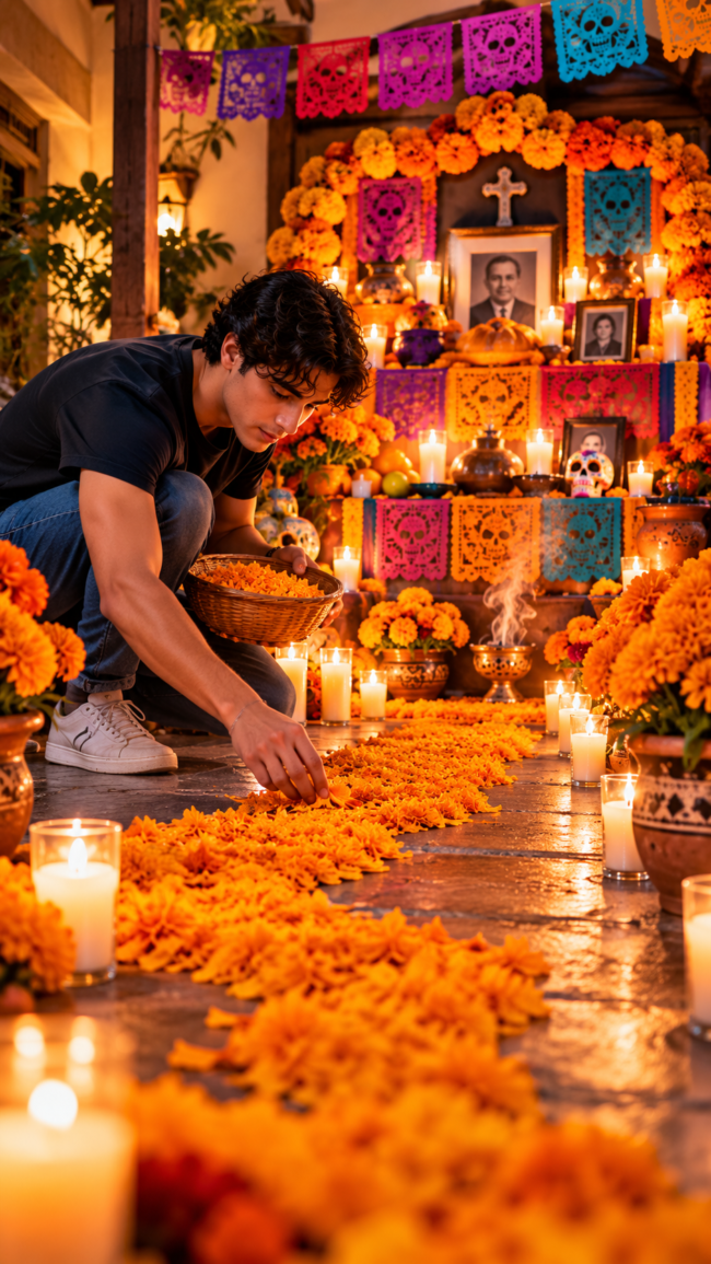 Flores de cempasúchil en una ofrenda de Día de Muertos
