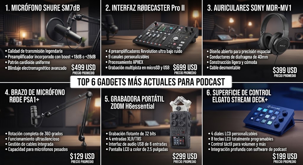 gadgets para podcast: micrófonos, consola, audífonos y accesorios para mejorar tu audio y crear contenido con calidad profesional.